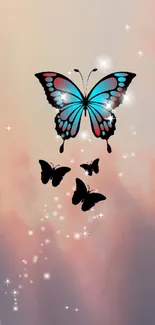 Elegant butterfly on dreamy peach sky with sparkles.