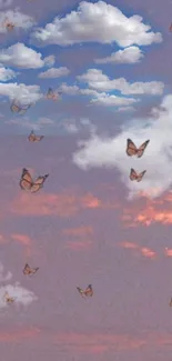 Dreamy mobile wallpaper with butterflies and clouds in a pastel sky.