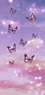 Purple starry sky with butterflies and sparkles.