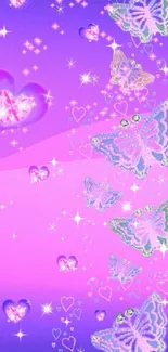 Purple wallpaper with butterflies and hearts.