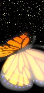 Glowing butterfly with orange wings on a star-filled black background.