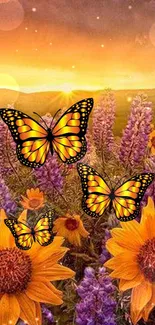 Butterflies dance over flowers in a stunning sunset scene.