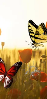 Butterflies flutter over a sunlit field of poppies at sunset.