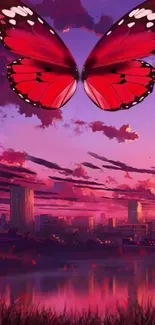 A butterfly flies over a cityscape at sunset with vibrant pink and purple hues.