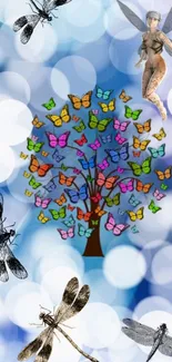 Colorful butterfly tree with fairies and dragonflies on a bokeh background.