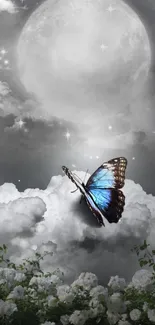 Blue butterfly on clouds under a full moon and stars.