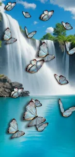 Butterflies fluttering around a picturesque waterfall under a clear blue sky.