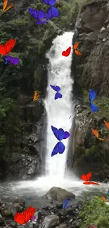 Colorful butterflies flutter by a majestic waterfall.