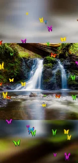 Colorful butterflies surround waterfall in serene forest setting wallpaper.