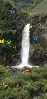 Waterfall with colorful butterflies in lush green scenery wallpaper.