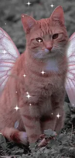 Orange tabby cat with butterfly wings in a fantasy setting.