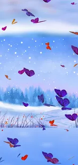 Winter landscape with colorful butterflies in snow.