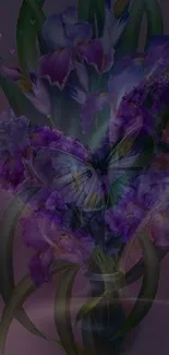 Purple floral wallpaper with butterfly in vase.