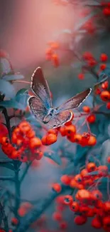 Butterfly perched on red berries in nature wallpaper.