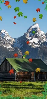 Cabin with green roof against snowy mountains and colorful leaves.