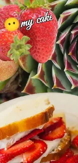 Cactus pattern with strawberry art and sandwich photo on wallpaper.