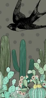 Artistic wallpaper with a swallow flying over a variety of cacti on a gray background.