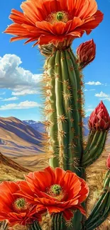 Blooming cactus with red flowers in desert.