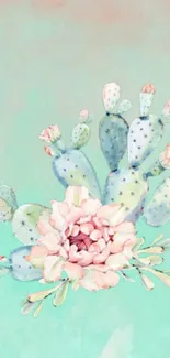 Aesthetic mobile wallpaper with watercolor cactus and pink blossom.