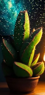 Cactus illuminated under starry night sky on a stylish wooden table.