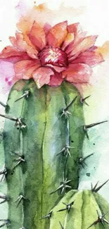 Watercolor cactus with blooming flower artwork.