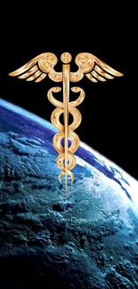 Golden caduceus symbol over Earth from space, mobile wallpaper.