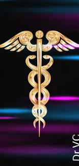 Mobile wallpaper of a golden caduceus on a black background.