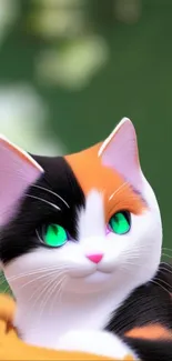 Calico cat with green eyes on a vibrant mobile wallpaper.