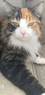 Calico cat relaxing on a beige sofa cushion.