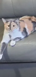 Calico cat lounging on a grey sofa.