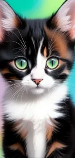 Cute calico kitten with green eyes on a pastel background.