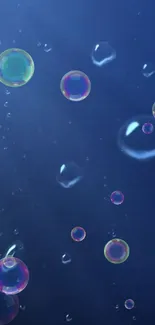 Floating iridescent bubbles on a deep blue background