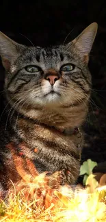 A serene tabby cat relaxing under sunlight with green eyes.