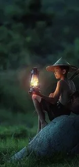 Child holding lantern seated on rock in lush greenery, evoking peace.