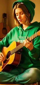 Person in green hoodie playing guitar in a cozy room.