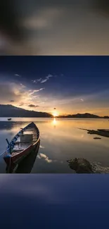 A serene boat on a calm lake at sunset, with stunning reflections.