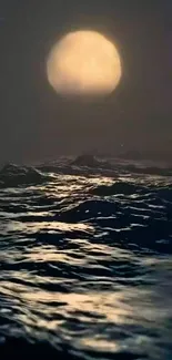 Moonlit ocean waves under a full moon in a calm night scene.