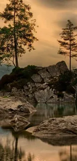 Serene nature scene with trees and lightning.