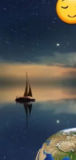 Mobile wallpaper with night sky, sailboat, and serene Earth.