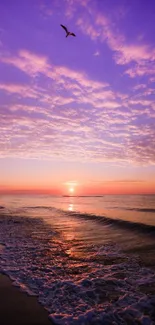 Purple beach sunset over ocean waves with a tranquil sky.