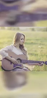 Woman playing guitar in a serene field at sunset.