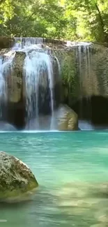 Waterfall cascading into turquoise pool with lush forest backdrop.