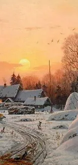 Winter sunset with snowy village scene.