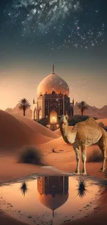 Desert landscape with camel and moonlit sky in a serene night setting.