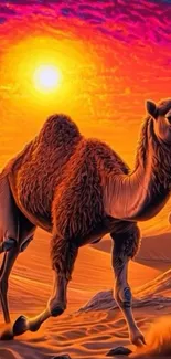 Camel walking in a colorful desert sunset landscape.