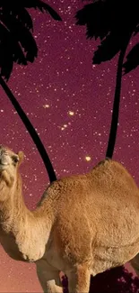 Camel under a starry night sky with palm tree silhouettes.