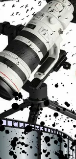 Artistic camera lens with black splatters on a mobile wallpaper background.