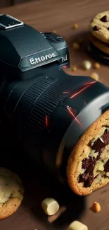 DSLR camera integrated with chocolate chip cookies on a wooden background.