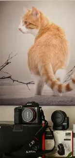 Camera gear displayed with cat artwork on wall.