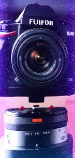 Floating camera lens in a purple abstract design, vibrant cosmic theme.